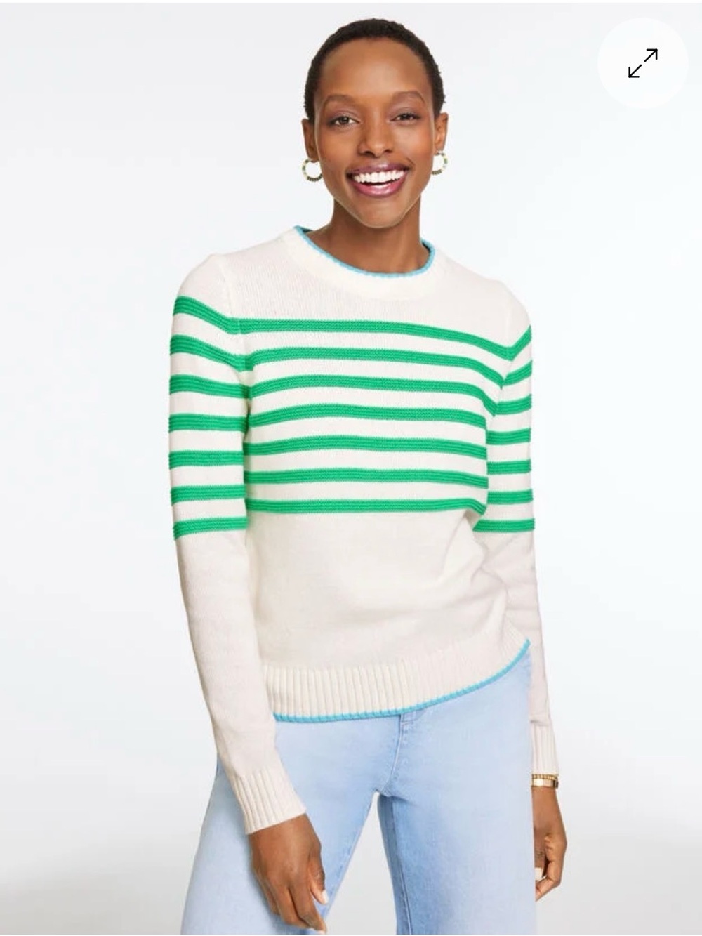 Talbots Cream Crew Neck Sweater with Green Stripe Detail